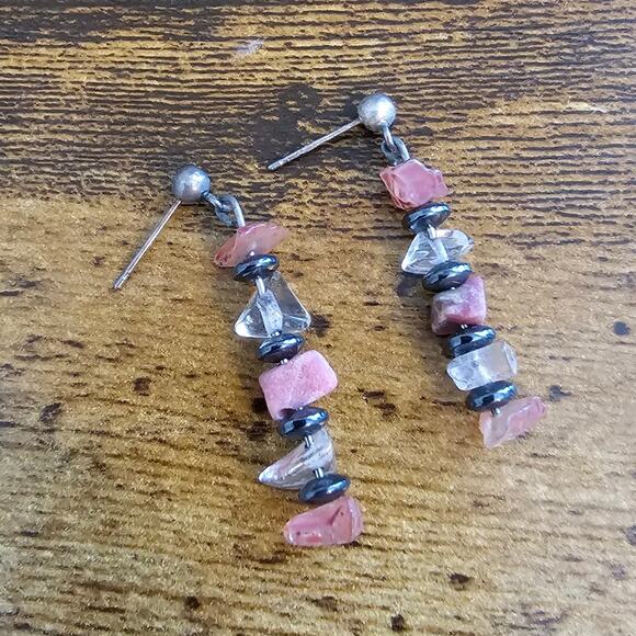 Vintage 1990s Stacked Stone Dangle Earrings Silver Pink White - Picture 1 of 3